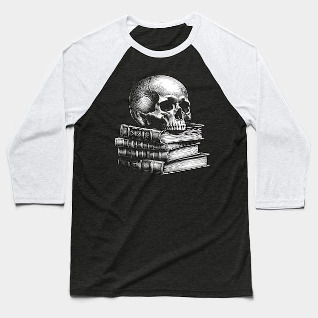 Skull and Books Baseball T-Shirt by OddlyNoir